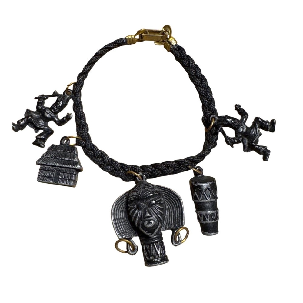 Vintage African Tribal Mask Charm Bracelet Braided Cord Black Pewter Tone Ethnic